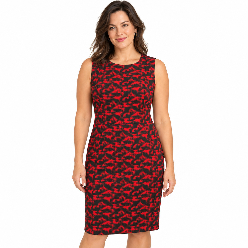 Calvin Klein Womens Thick Knit Sleeveless Knee Length Sheath Red Print Dress 10